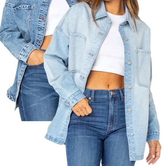 Celebrity Pink Shacket Light Wash Denim Button Front Size Medium - Picture 2 of 13